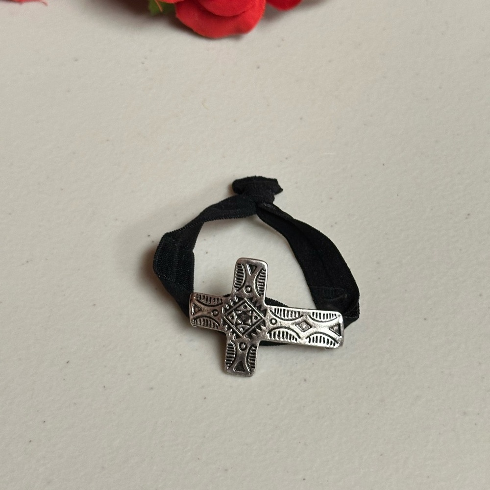 Silver Cross Bracelet with Black Band